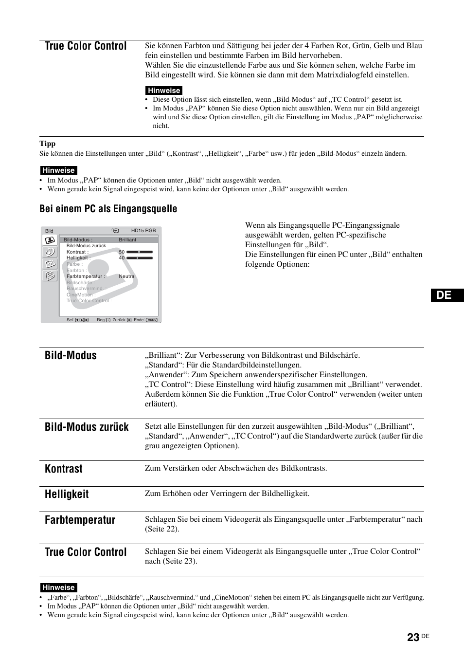 Seite 23), True color control, Bild-modus | Bild-modus zurück, Kontrast, Helligkeit, Farbtemperatur, Bei einem pc als eingangsquelle | Sony FWD-32LX2F User Manual | Page 135 / 255