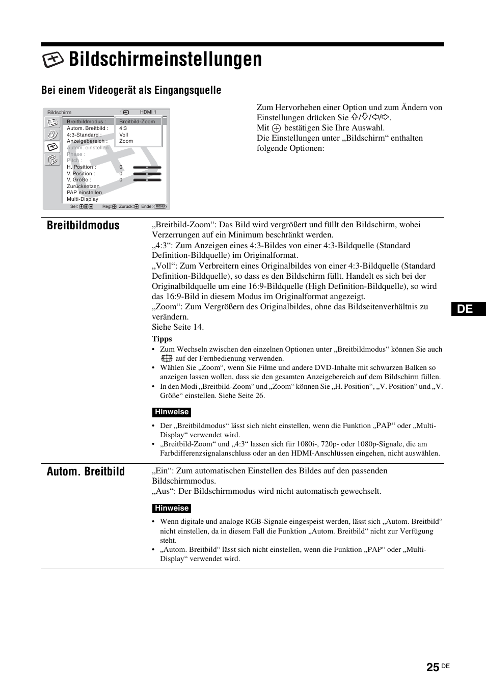 Bildschirmeinstellungen, Seite 25, Seite 25) | Breitbildmodus, Autom. breitbild, Bei einem videogerät als eingangsquelle | Sony FWD-32LX2F User Manual | Page 137 / 255