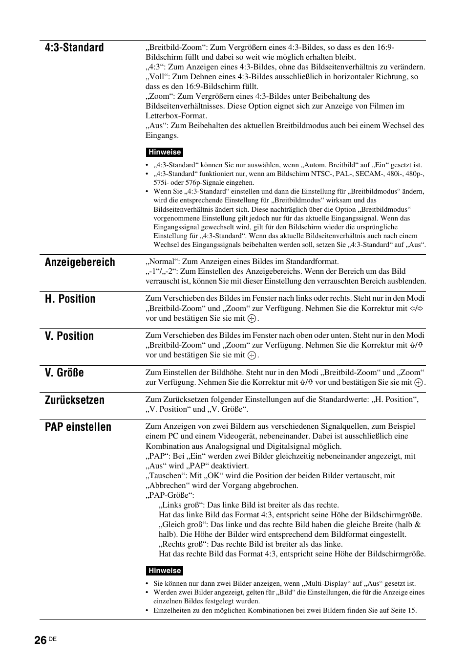 Seite 26), Seite 26, 3-standard | Anzeigebereich, H. position, V. position, V. größe, Zurücksetzen, Pap einstellen | Sony FWD-32LX2F User Manual | Page 138 / 255