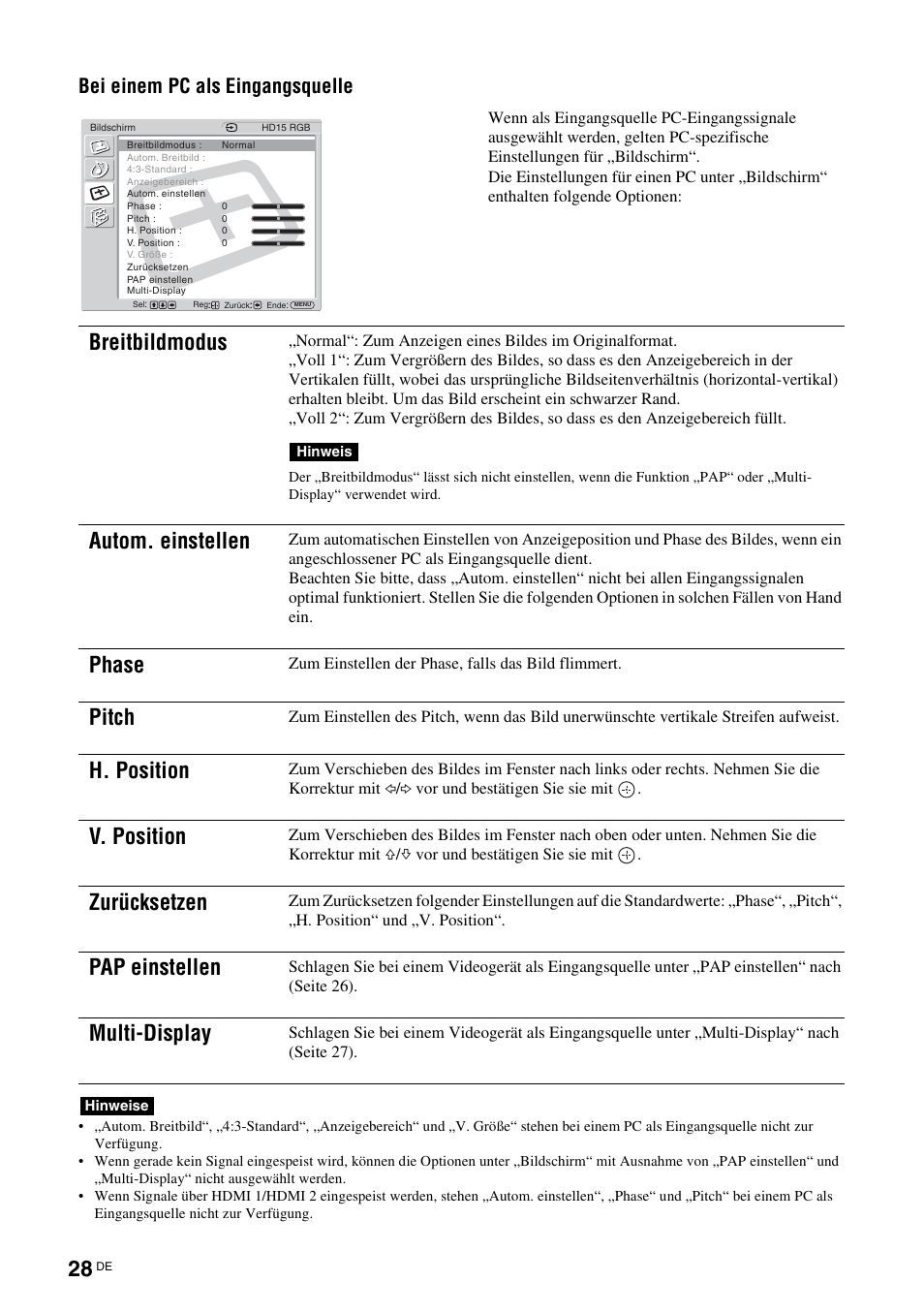 Seite 28, E (seite 28), H (seite 28 | Breitbildmodus, Autom. einstellen, Phase, Pitch, H. position, V. position, Zurücksetzen | Sony FWD-32LX2F User Manual | Page 140 / 255