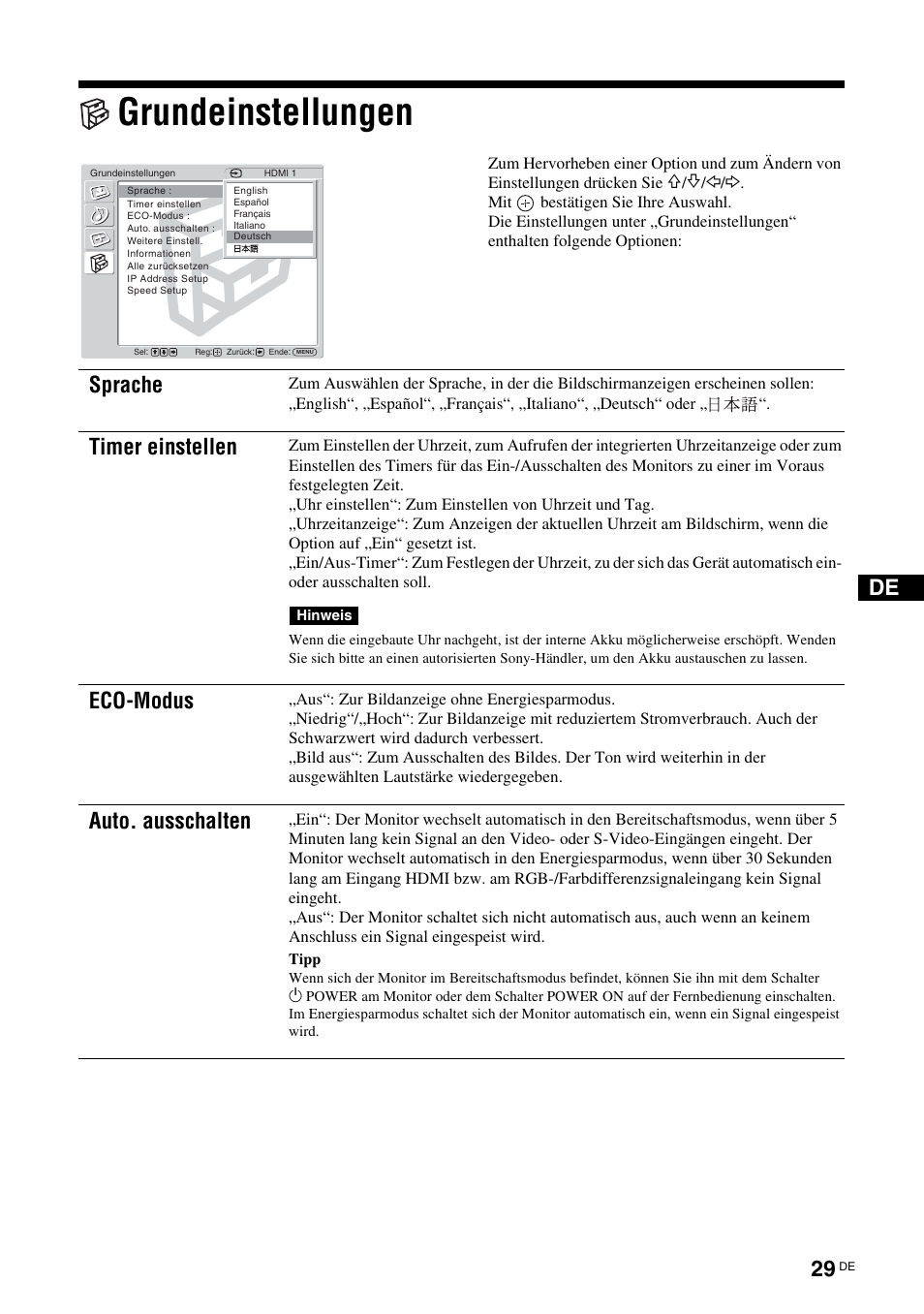 Grundeinstellungen, Siehe seite 29, E (seite 29) | Seite 29, S (seite 29), Sprache, Timer einstellen, Eco-modus, Auto. ausschalten | Sony FWD-32LX2F User Manual | Page 141 / 255