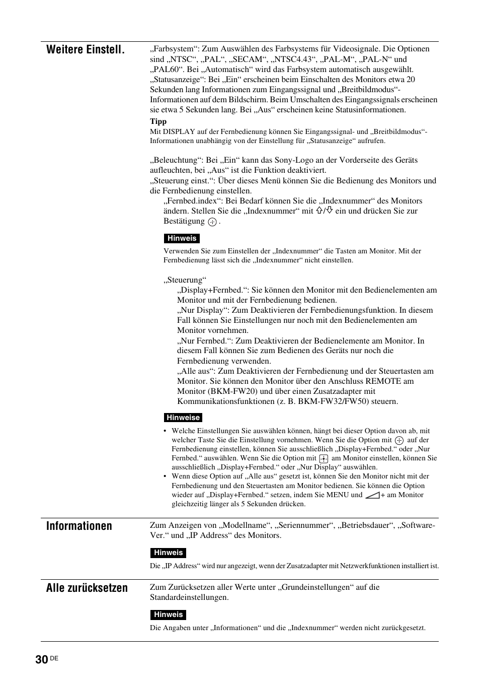 Seite 30, N (seite 30), Seite 30) | Weitere einstell, Informationen, Alle zurücksetzen | Sony FWD-32LX2F User Manual | Page 142 / 255