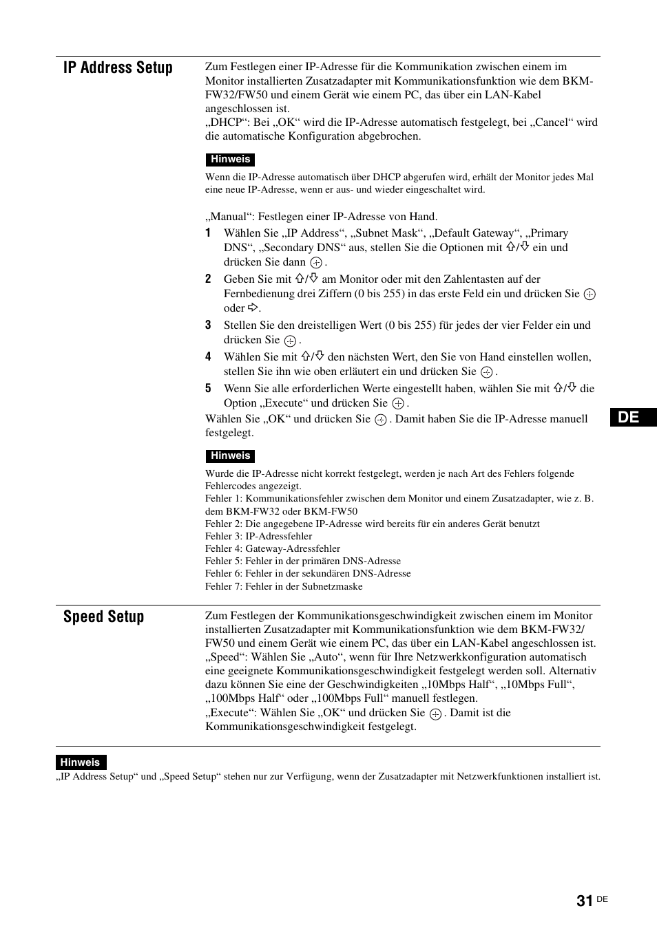 Seite 31), P (seite 31, Ip address setup | Speed setup | Sony FWD-32LX2F User Manual | Page 143 / 255