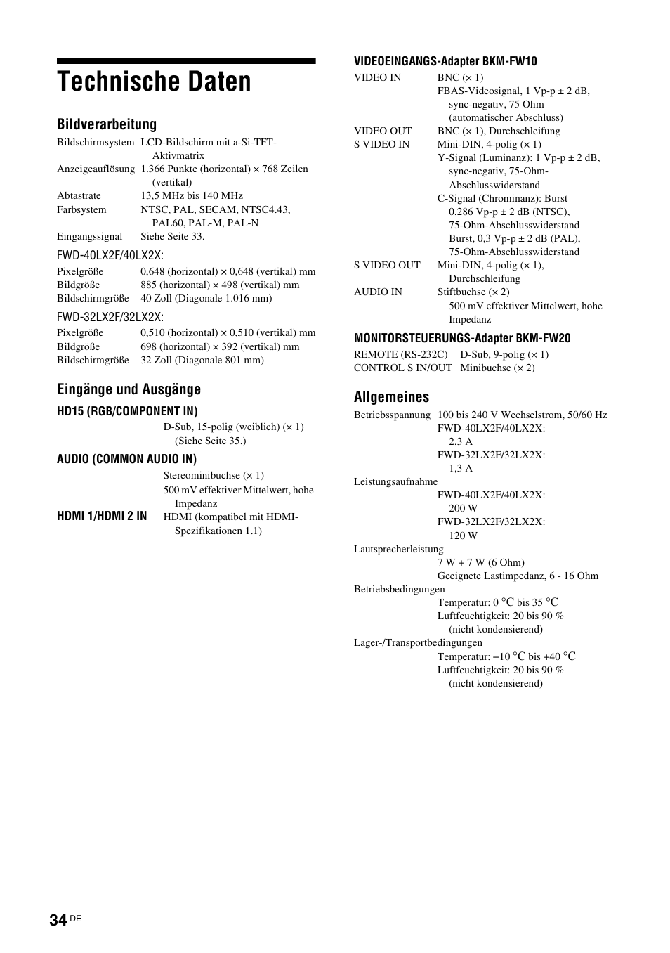 Technische daten, Bildverarbeitung, Eingänge und ausgänge | Allgemeines | Sony FWD-32LX2F User Manual | Page 146 / 255