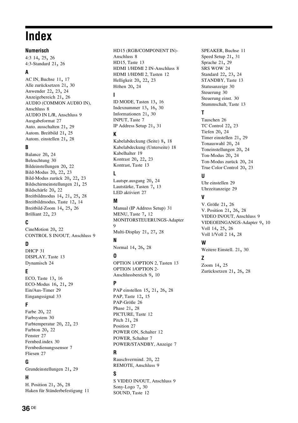 Index | Sony FWD-32LX2F User Manual | Page 148 / 255