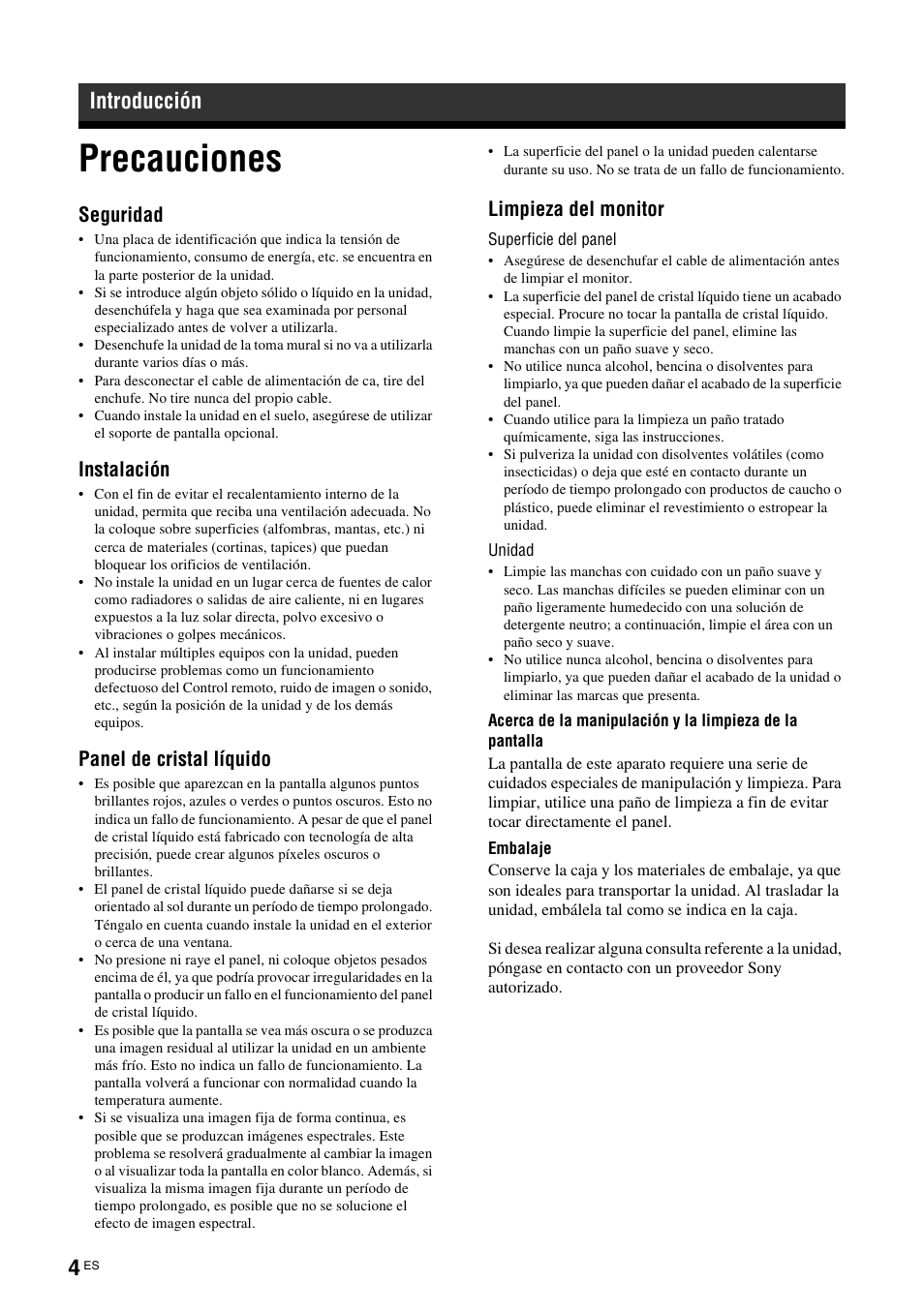 Introducción, Precauciones, Seguridad | Instalación, Panel de cristal líquido, Limpieza del monitor | Sony FWD-32LX2F User Manual | Page 152 / 255