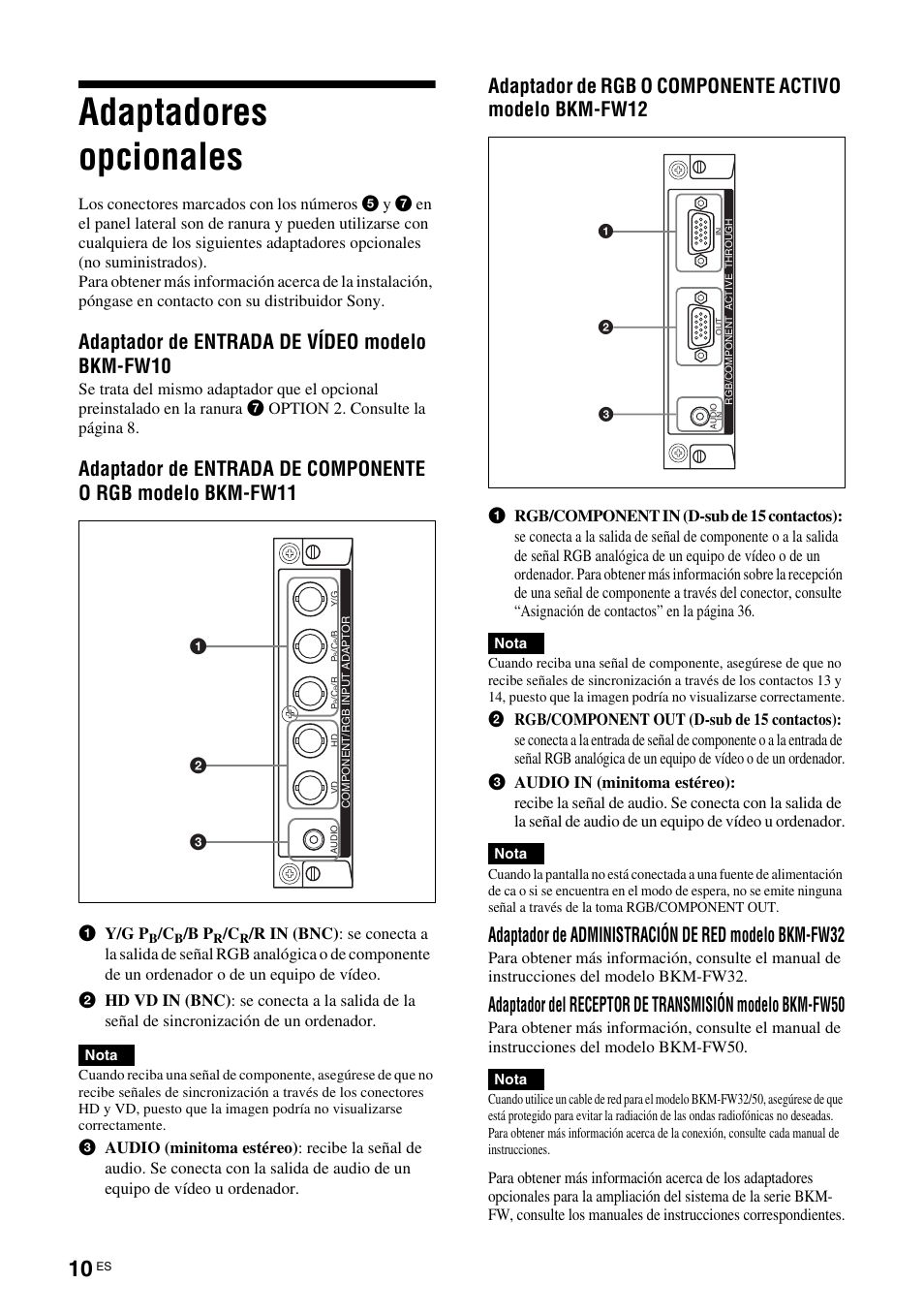 Adaptadores opcionales, Adaptador de entrada de vídeo modelo bkm-fw10, Adaptador de administración de red modelo bkm-fw32 | Sony FWD-32LX2F User Manual | Page 158 / 255