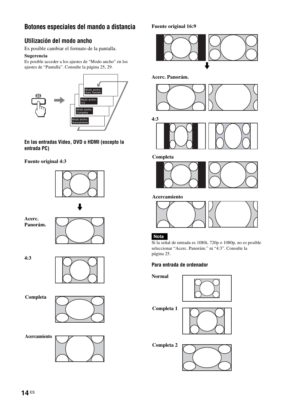 Botones especiales del mando a distancia, Utilización del modo ancho | Sony FWD-32LX2F User Manual | Page 162 / 255