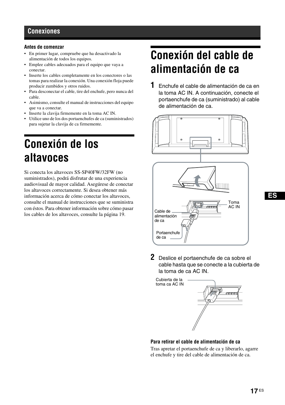 Conexiones, Conexión de los altavoces, Conexión del cable de alimentación de ca | Sony FWD-32LX2F User Manual | Page 165 / 255