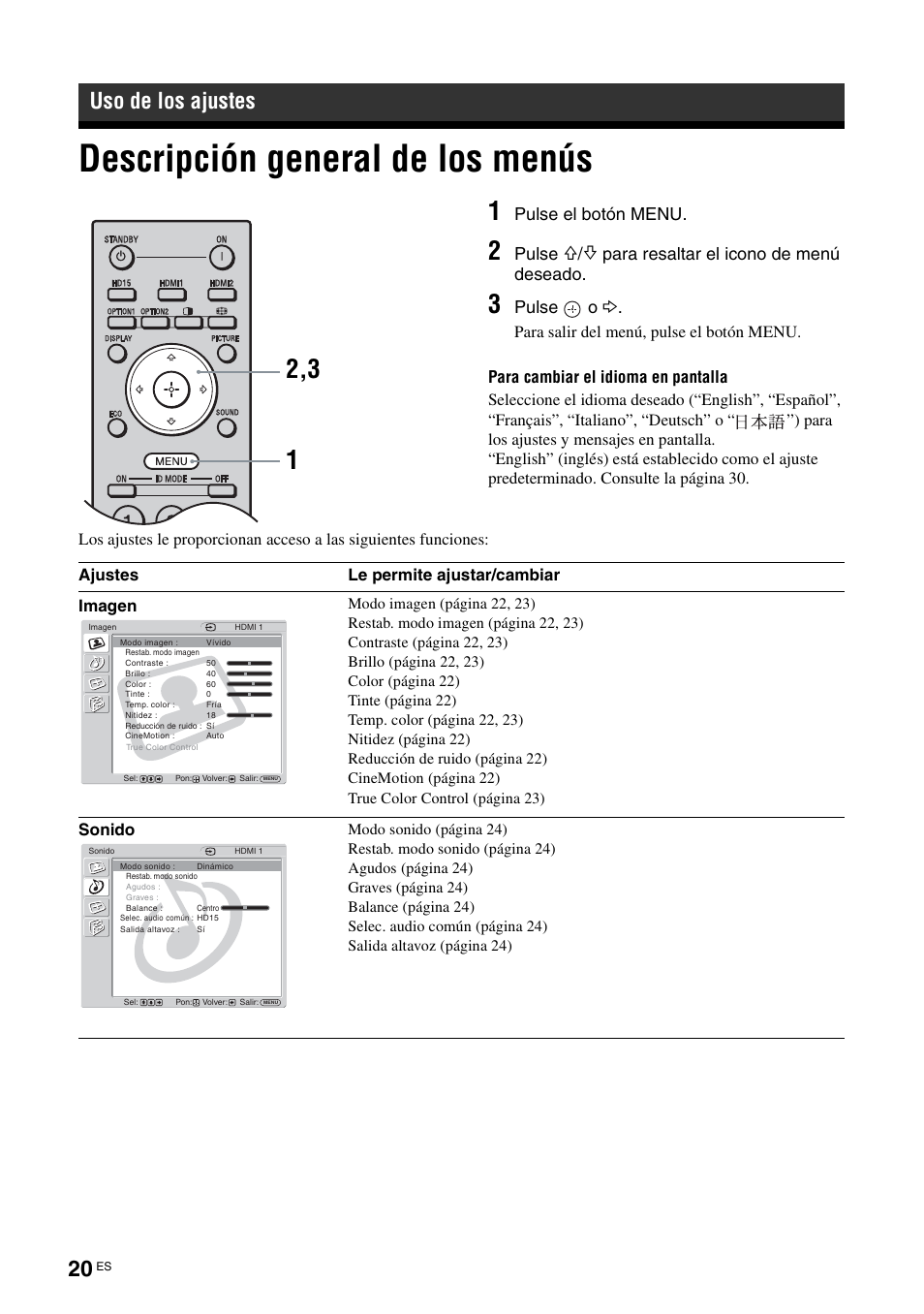 Uso de los ajustes, Descripción general de los menús, Pulse el botón menu | Pulse, Para resaltar el icono de menú deseado, Pulse o, Ajustes le permite ajustar/cambiar imagen, Sonido | Sony FWD-32LX2F User Manual | Page 168 / 255