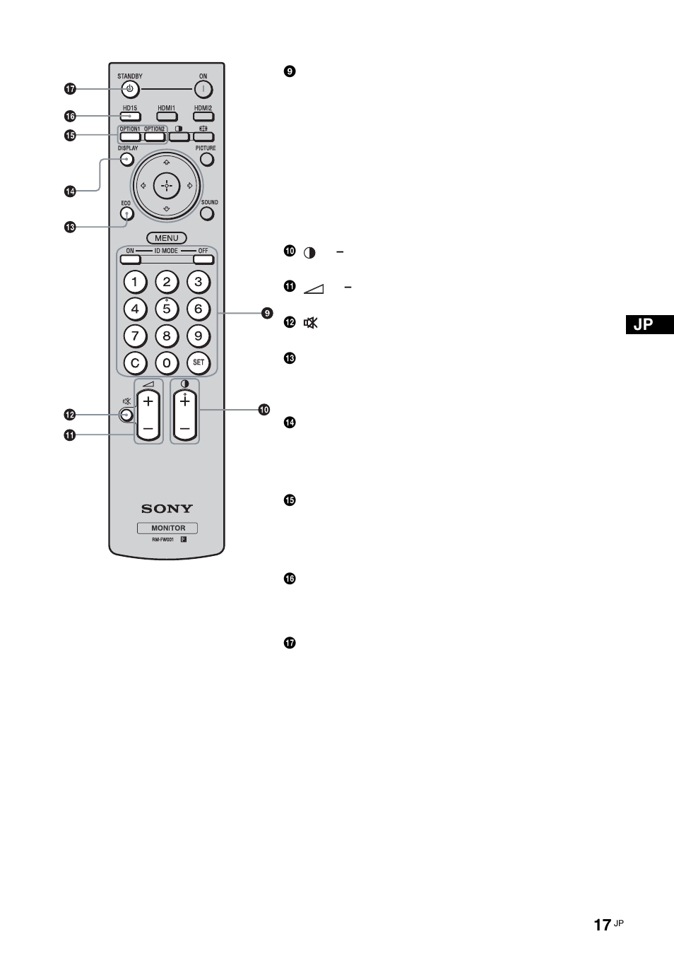 9id mode（on/0-9/set/c/off）ボタン, 0+/ – ボタン, Qa +/ – ボタン | Qs ボタン, Qd eco ボタン, Qf display ボタン, Qg option 1/option 2 ボタン, Qh hd15 ボタン, Qj standby ボタン | Sony FWD-32LX2F User Manual | Page 17 / 255