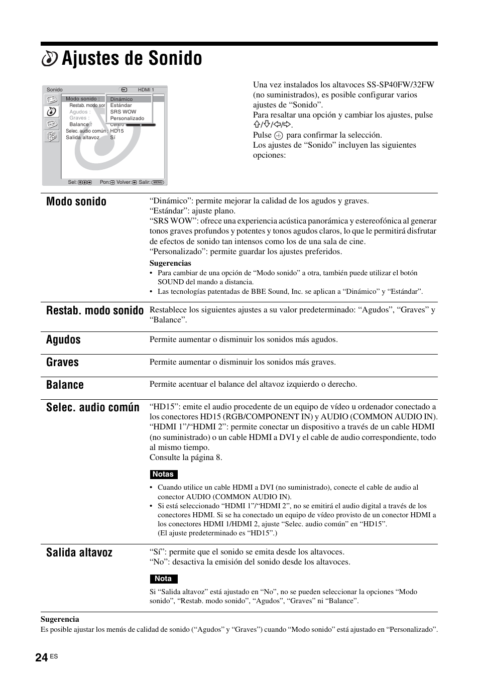 Ajustes de sonido, Modo sonido, Restab. modo sonido | Agudos, Graves, Balance, Selec. audio común, Salida altavoz | Sony FWD-32LX2F User Manual | Page 172 / 255