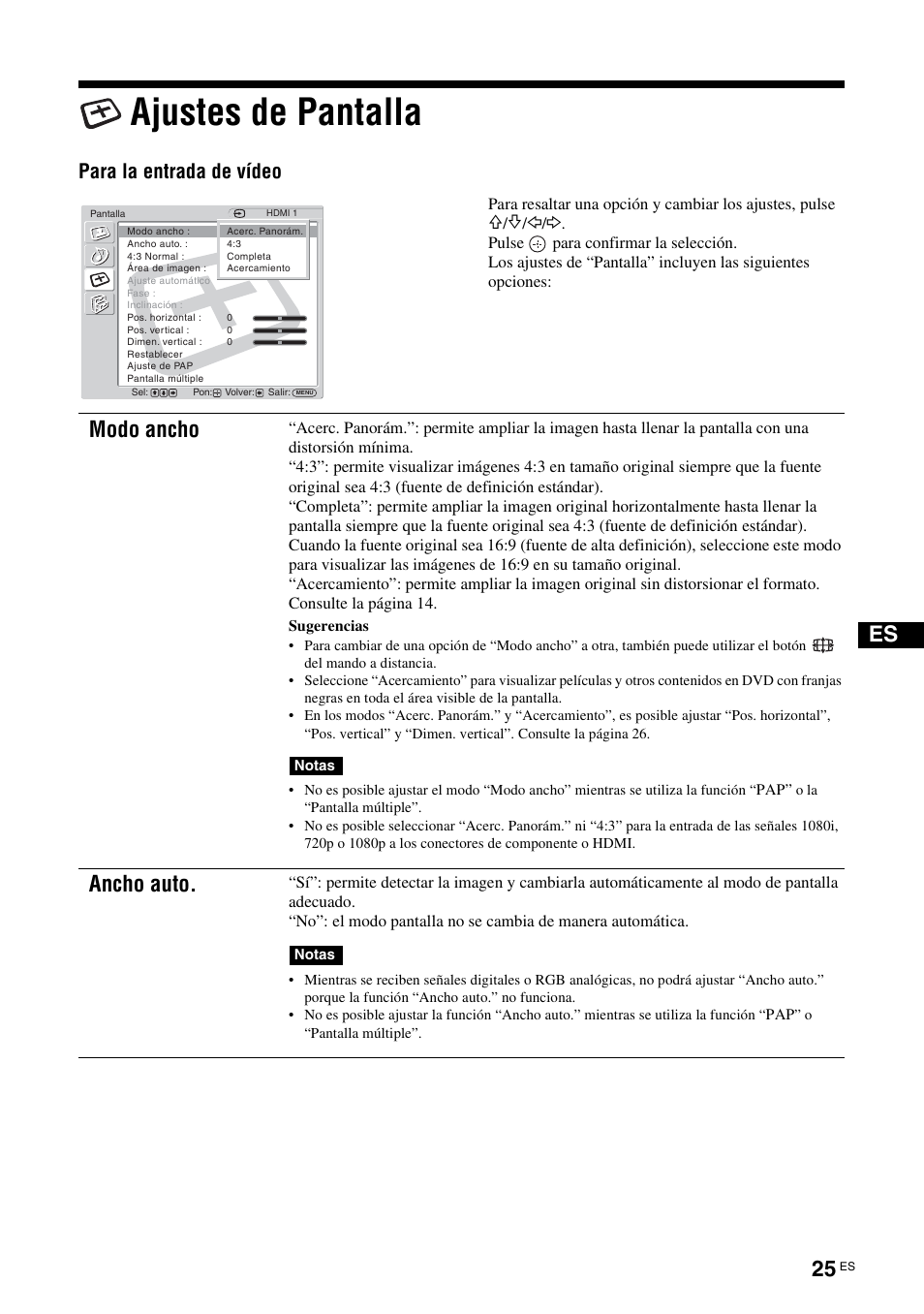 Ajustes de pantalla, Modo ancho, Ancho auto | Para la entrada de vídeo | Sony FWD-32LX2F User Manual | Page 173 / 255