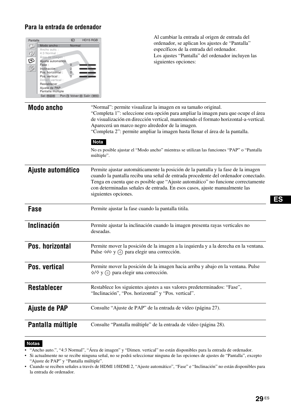 Modo ancho, Ajuste automático, Fase | Inclinación, Pos. horizontal, Pos. vertical, Restablecer, Ajuste de pap, Pantalla múltiple, Para la entrada de ordenador | Sony FWD-32LX2F User Manual | Page 177 / 255