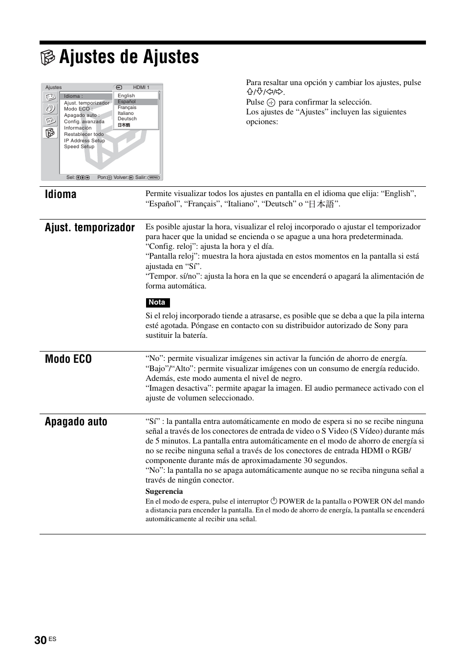 Ajustes de ajustes, Idioma, Ajust. temporizador | Modo eco, Apagado auto | Sony FWD-32LX2F User Manual | Page 178 / 255