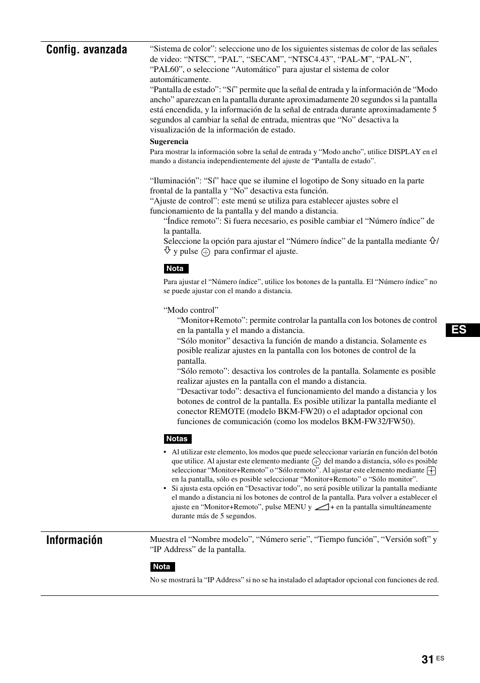 Es config. avanzada, Información | Sony FWD-32LX2F User Manual | Page 179 / 255