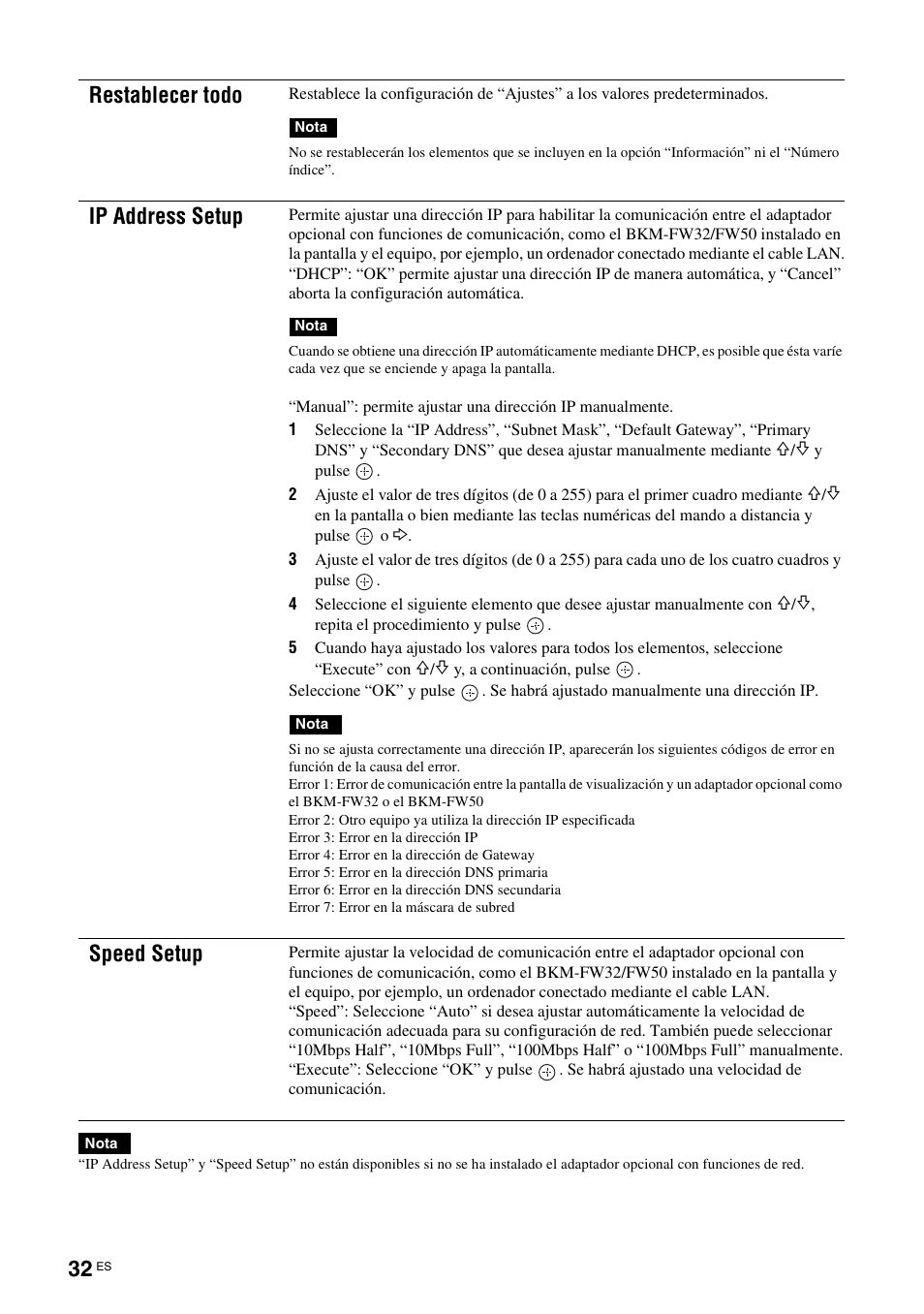 Restablecer todo, Ip address setup, Speed setup | Sony FWD-32LX2F User Manual | Page 180 / 255