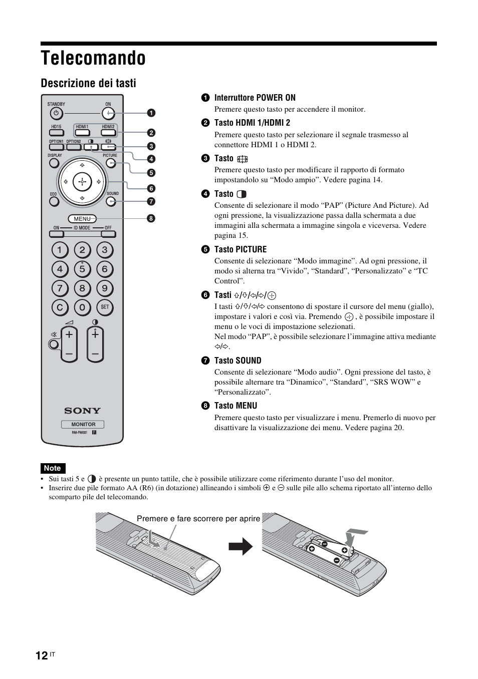 Telecomando, Descrizione dei tasti | Sony FWD-32LX2F User Manual | Page 196 / 255