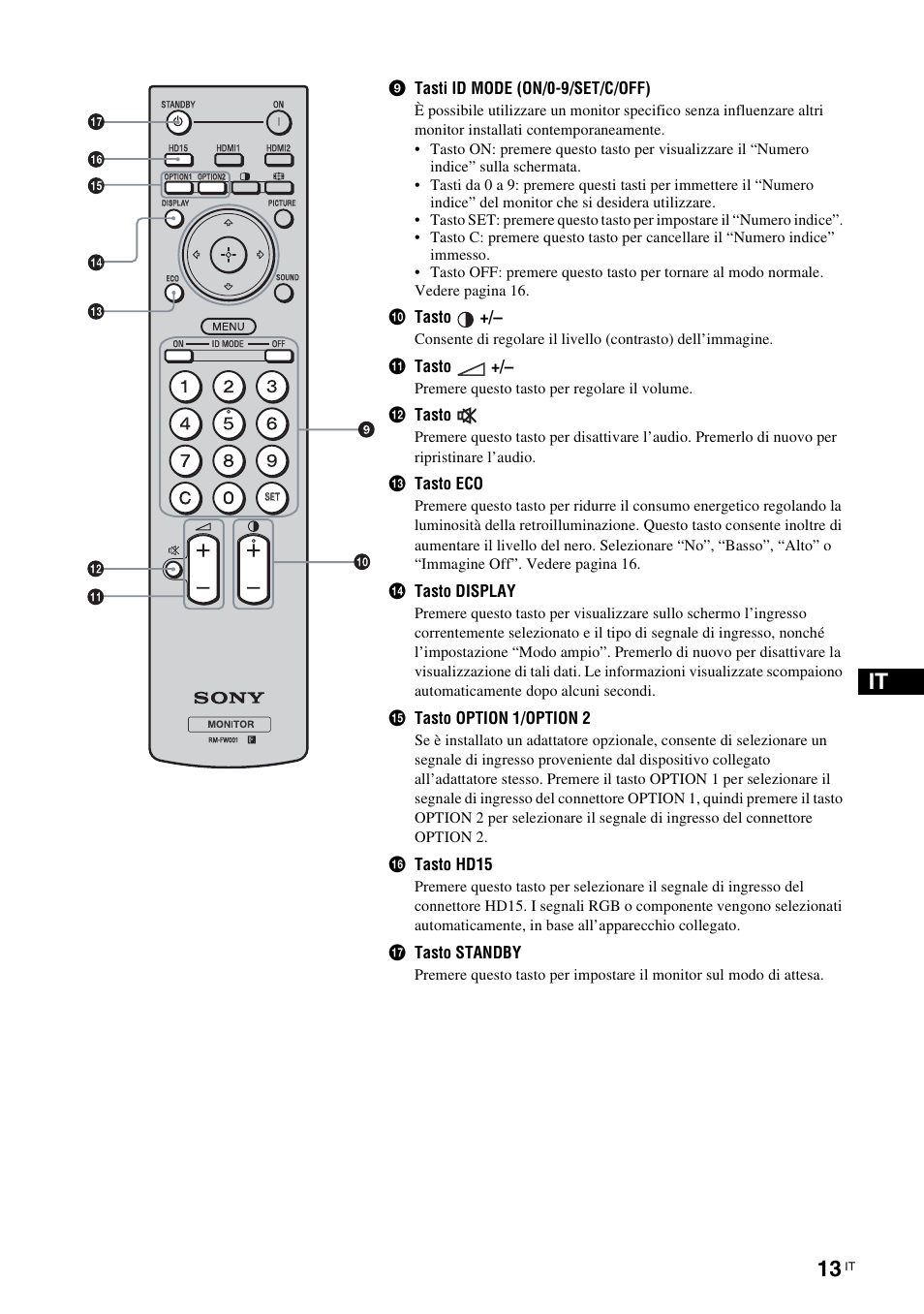 9tasti id mode (on/0-9/set/c/off), 0tasto, Qa tasto | Qs tasto, Qd tasto eco, Qf tasto display, Qg tasto option 1/option 2, Qh tasto hd15, Qj tasto standby | Sony FWD-32LX2F User Manual | Page 197 / 255