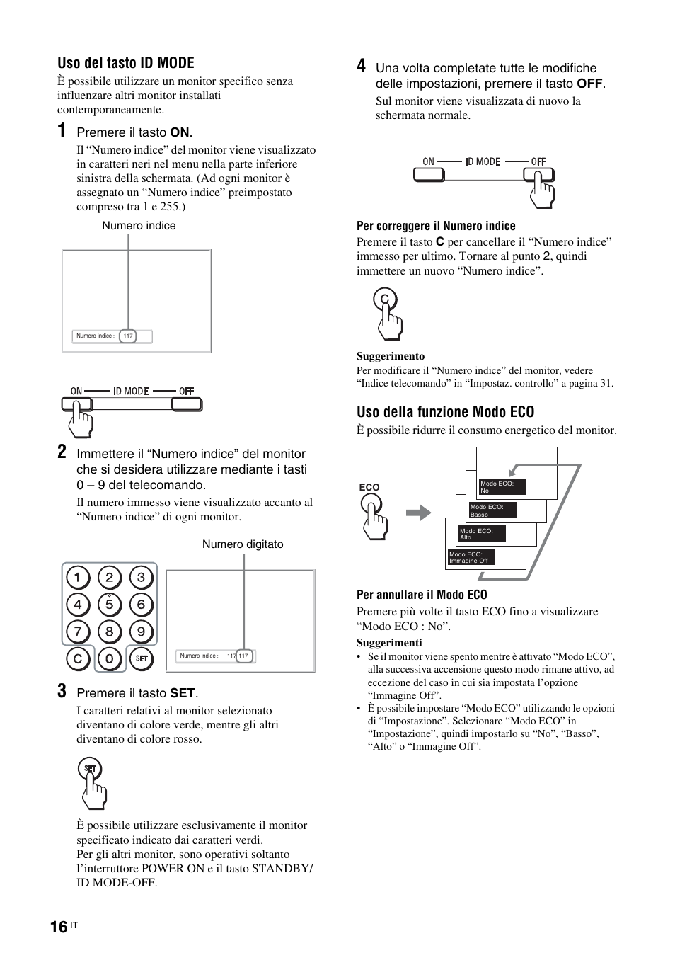 Uso del tasto id mode, Uso della funzione modo eco, Uso del tasto id mode uso della funzione modo eco | Sony FWD-32LX2F User Manual | Page 200 / 255