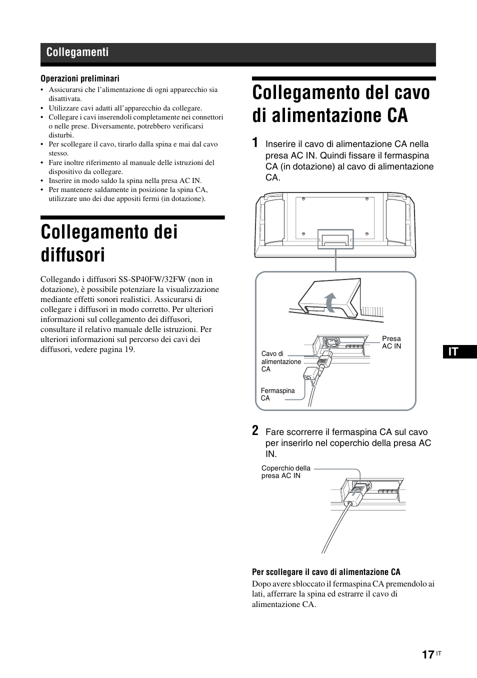 Collegamenti, Collegamento dei diffusori, Collegamento del cavo di alimentazione ca | Sony FWD-32LX2F User Manual | Page 201 / 255