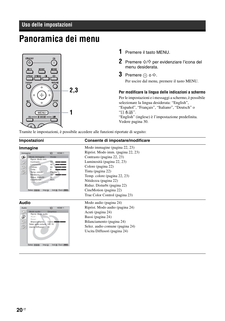 Uso delle impostazioni, Panoramica dei menu, Premere il tasto menu | Premere, Per evidenziare l’icona del menu desiderata, Premere o, Audio | Sony FWD-32LX2F User Manual | Page 204 / 255