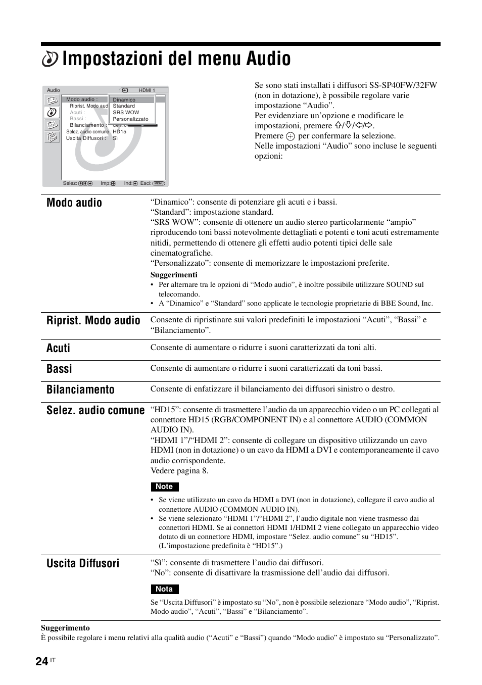 Impostazioni del menu audio, Modo audio, Riprist. modo audio | Acuti, Bassi, Bilanciamento, Selez. audio comune, Uscita diffusori | Sony FWD-32LX2F User Manual | Page 208 / 255