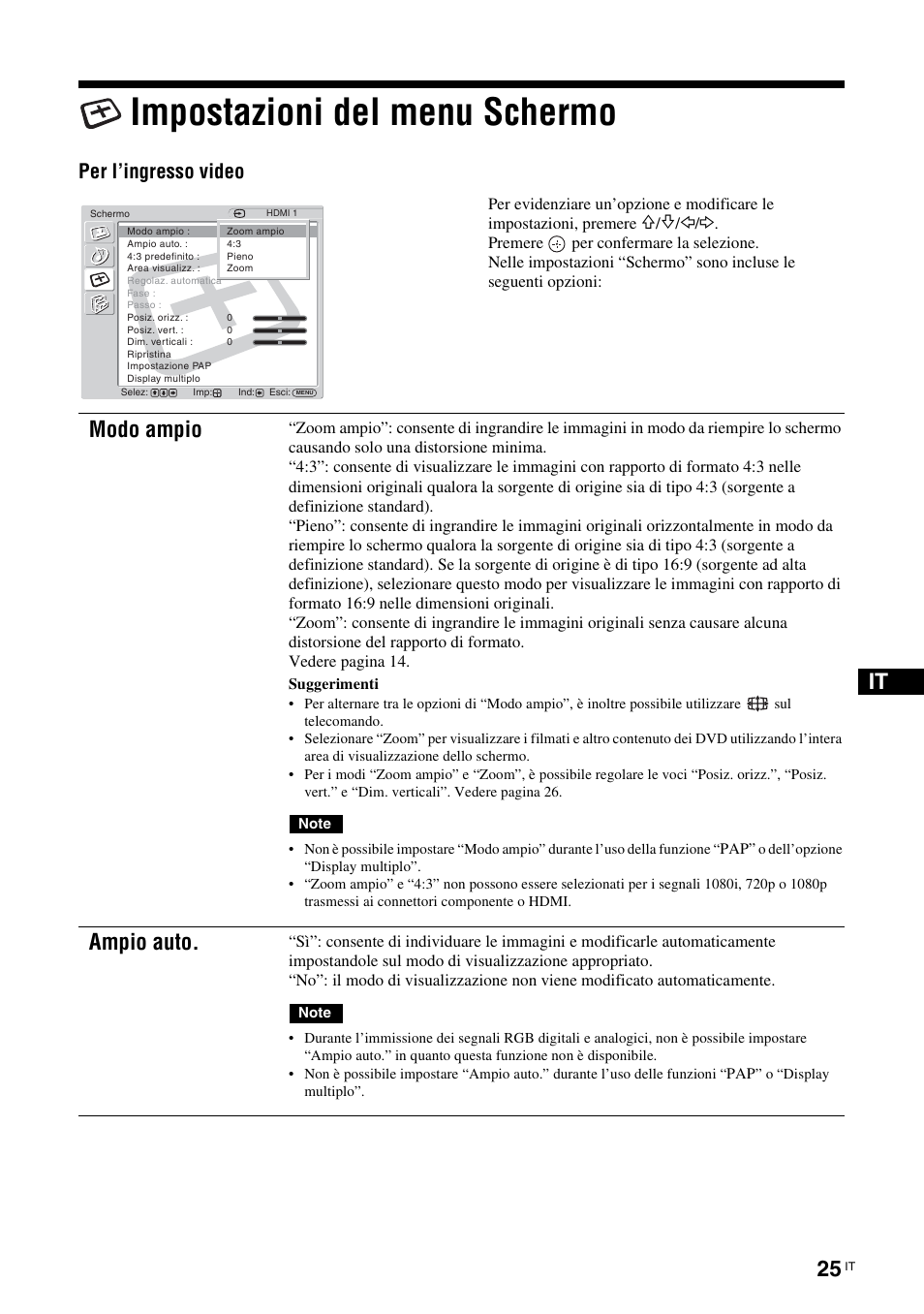 Impostazioni del menu schermo, Modo ampio, Ampio auto | Per l’ingresso video | Sony FWD-32LX2F User Manual | Page 209 / 255