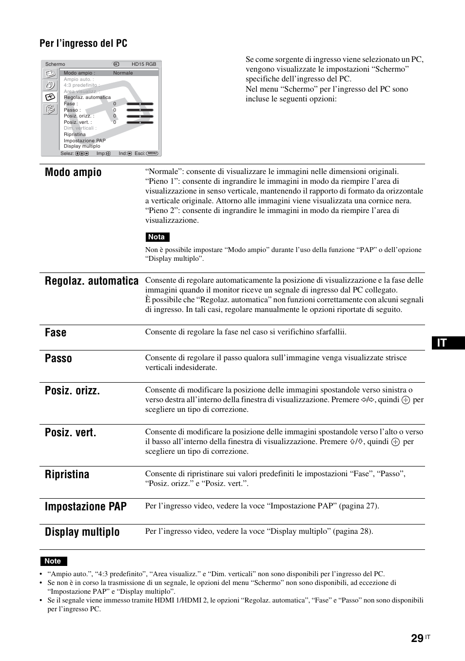 Modo ampio, Regolaz. automatica, Fase | Passo, Posiz. orizz, Posiz. vert, Ripristina, Impostazione pap, Display multiplo, Per l’ingresso del pc | Sony FWD-32LX2F User Manual | Page 213 / 255