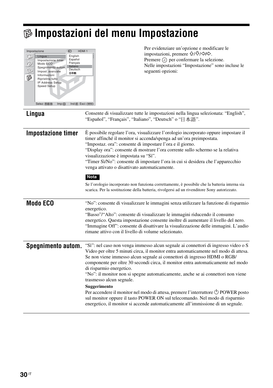 Impostazioni del menu impostazione, Lingua, Impostazione timer | Modo eco, Spegnimento autom | Sony FWD-32LX2F User Manual | Page 214 / 255