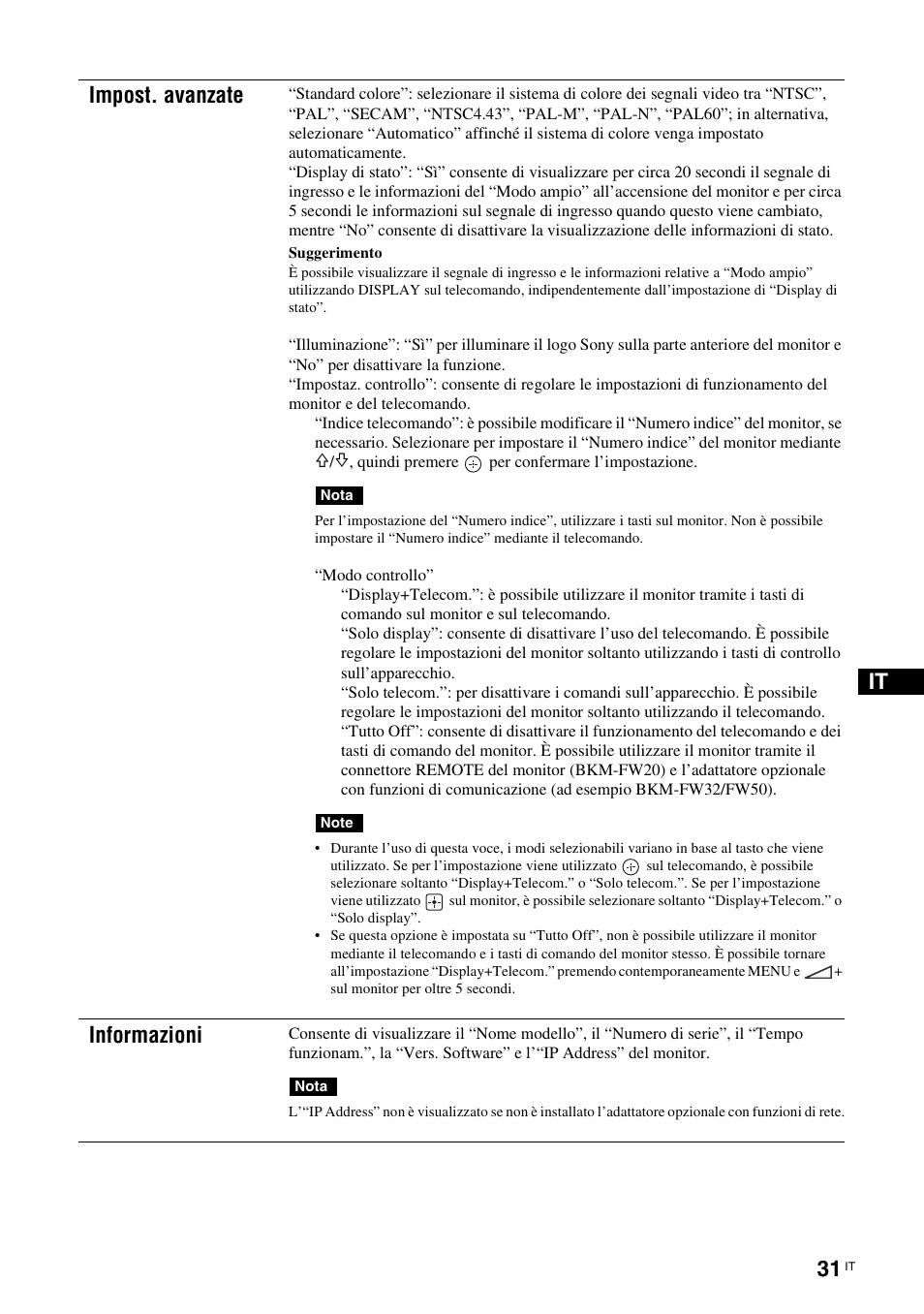 It impost. avanzate, Informazioni | Sony FWD-32LX2F User Manual | Page 215 / 255