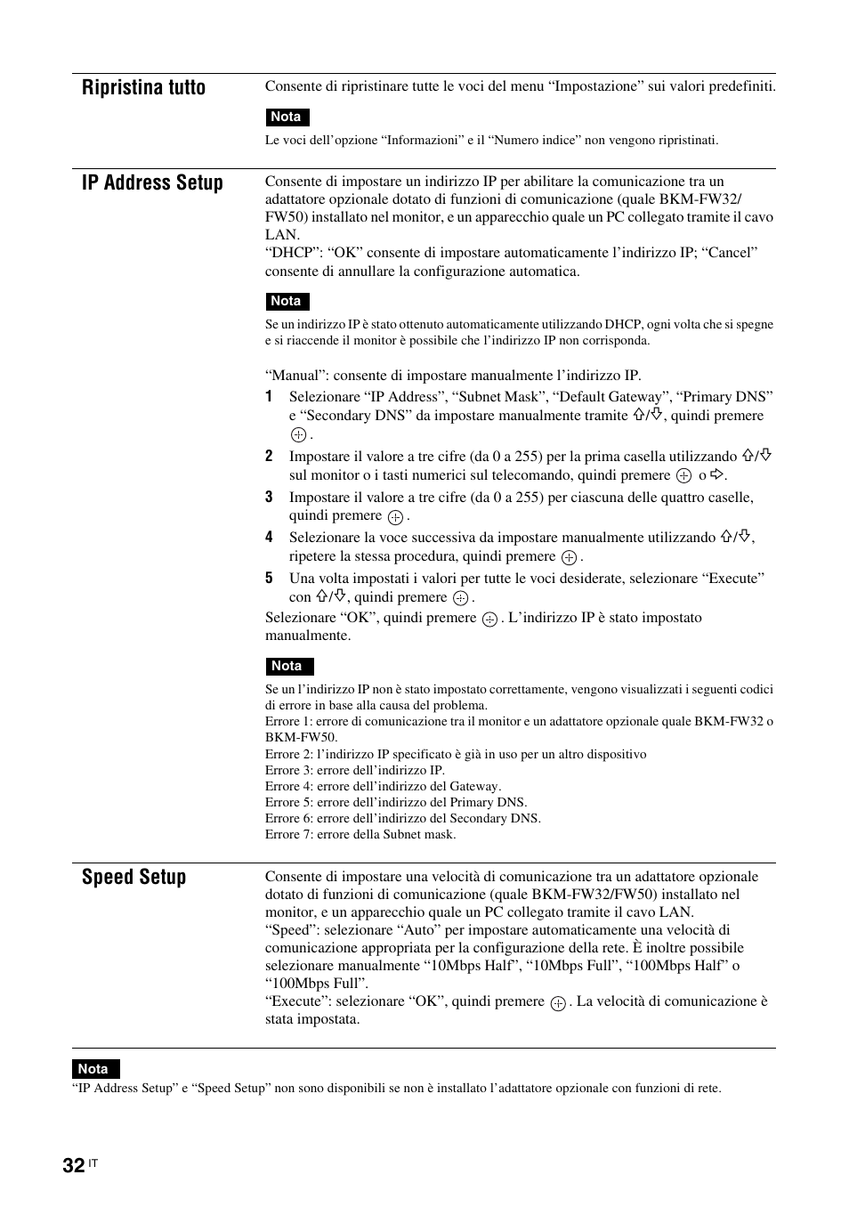 Ripristina tutto, Ip address setup, Speed setup | Sony FWD-32LX2F User Manual | Page 216 / 255