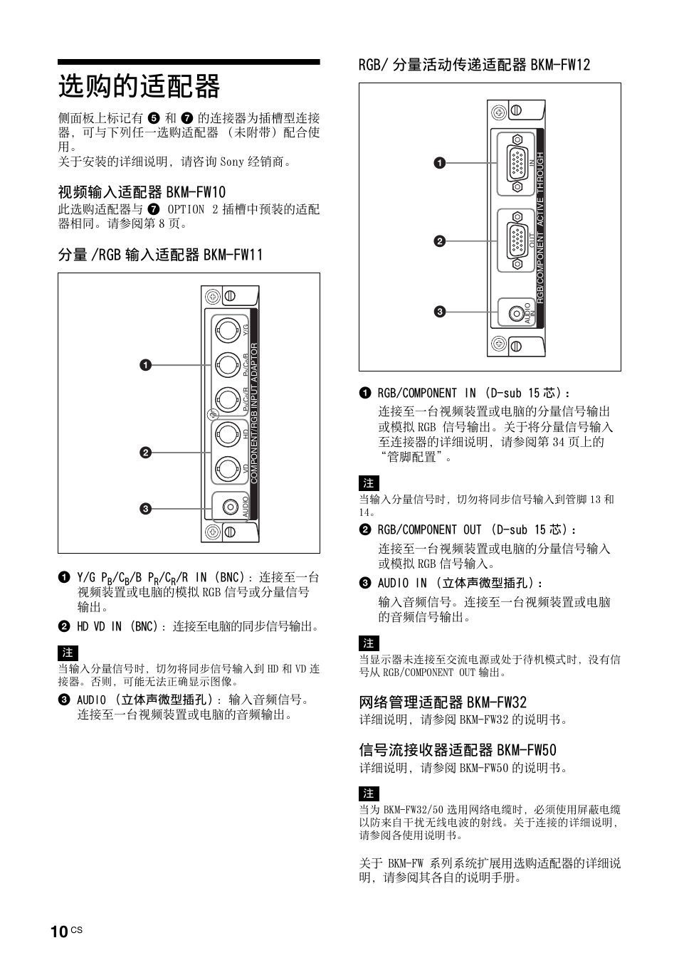 选购的适配器, 视频输入适配器 bkm-fw10, 分量 /rgb 输入适配器 bkm-fw11 | Rgb/ 分量活动传递适配器 bkm-fw12, 网络管理适配器 bkm-fw32, 信号流接收器适配器 bkm-fw50 | Sony FWD-32LX2F User Manual | Page 230 / 255