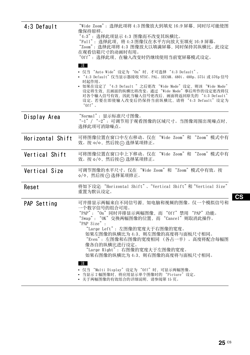 第 25 页, Cs 4:3 default, Display area | Horizontal shift, Vertical shift, Vertical size, Reset, Pap setting | Sony FWD-32LX2F User Manual | Page 245 / 255