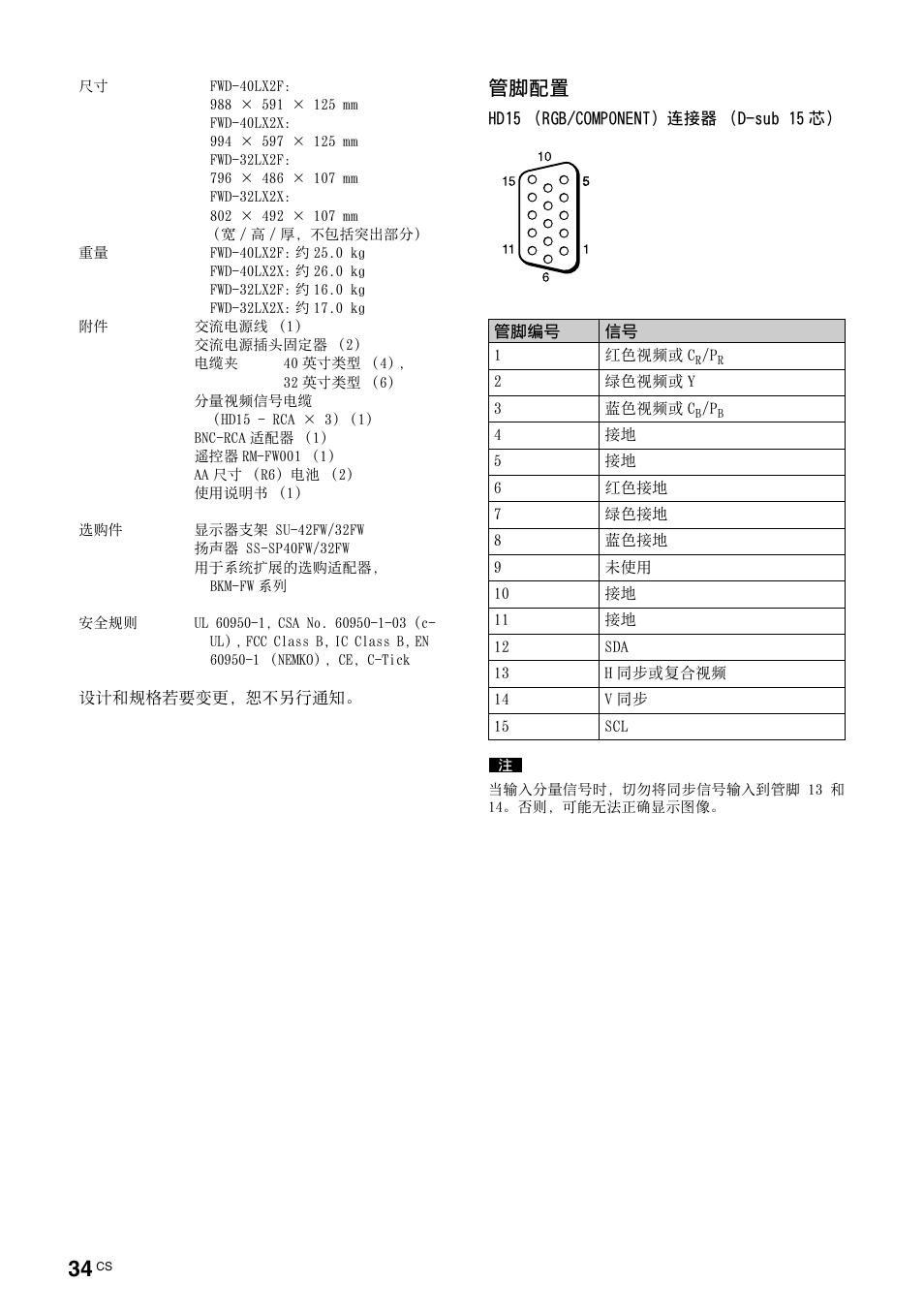 管脚配置 | Sony FWD-32LX2F User Manual | Page 254 / 255