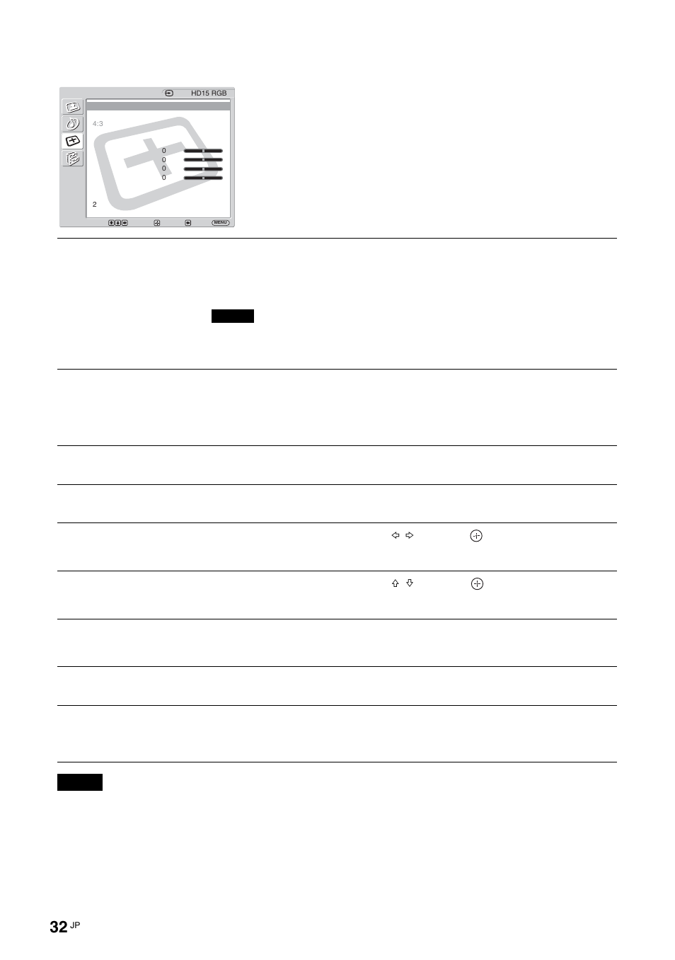 ワイド切換, 自動調整, ドットピッチ | 水平位置, 垂直位置, 2 画面設定, マルチディスプレ イ設定, Pc 入力の場合 | Sony FWD-32LX2F User Manual | Page 32 / 255