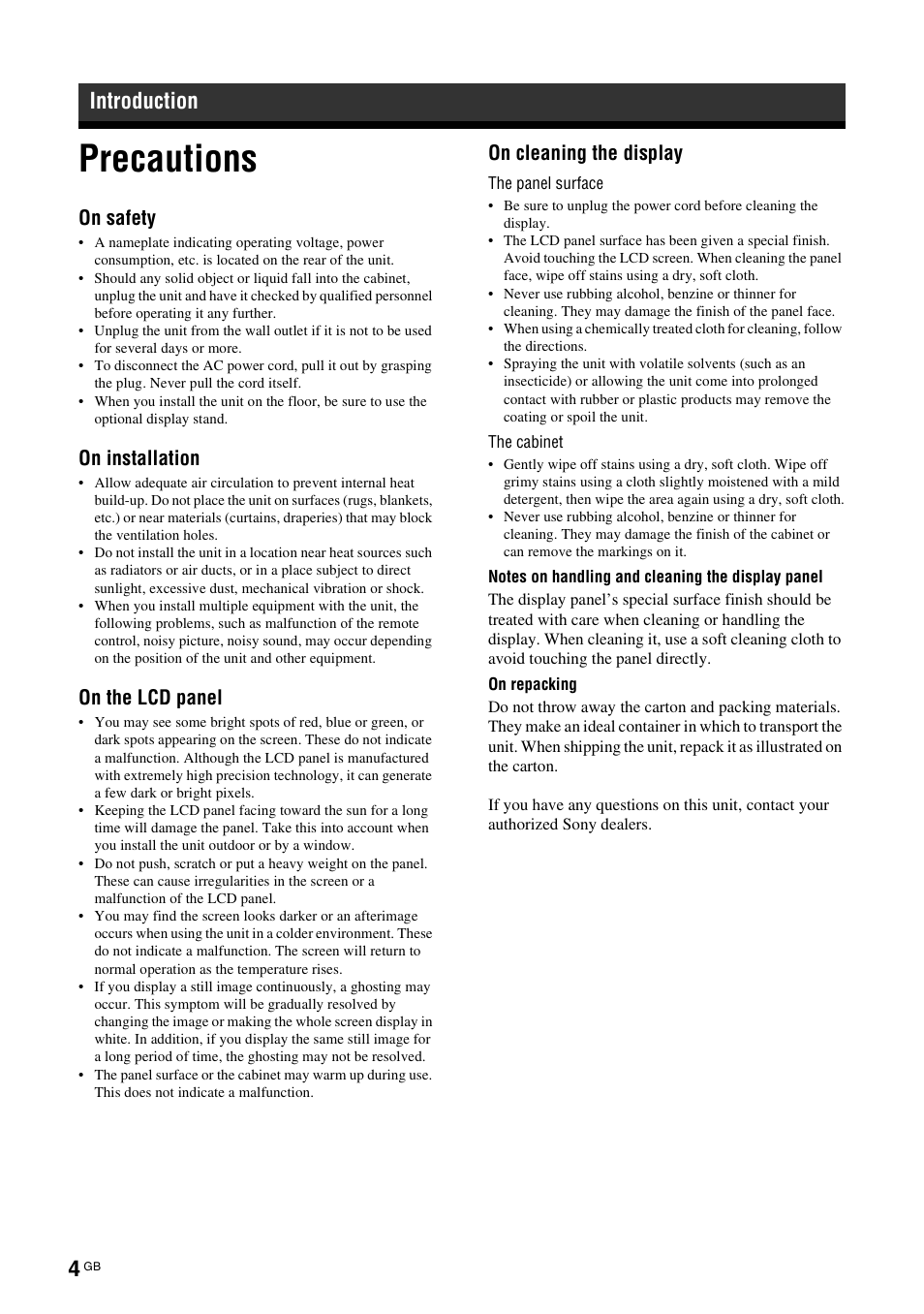 Introduction, Precautions, Location and function of parts and controls | On safety, On installation, On the lcd panel, On cleaning the display | Sony FWD-32LX2F User Manual | Page 44 / 255