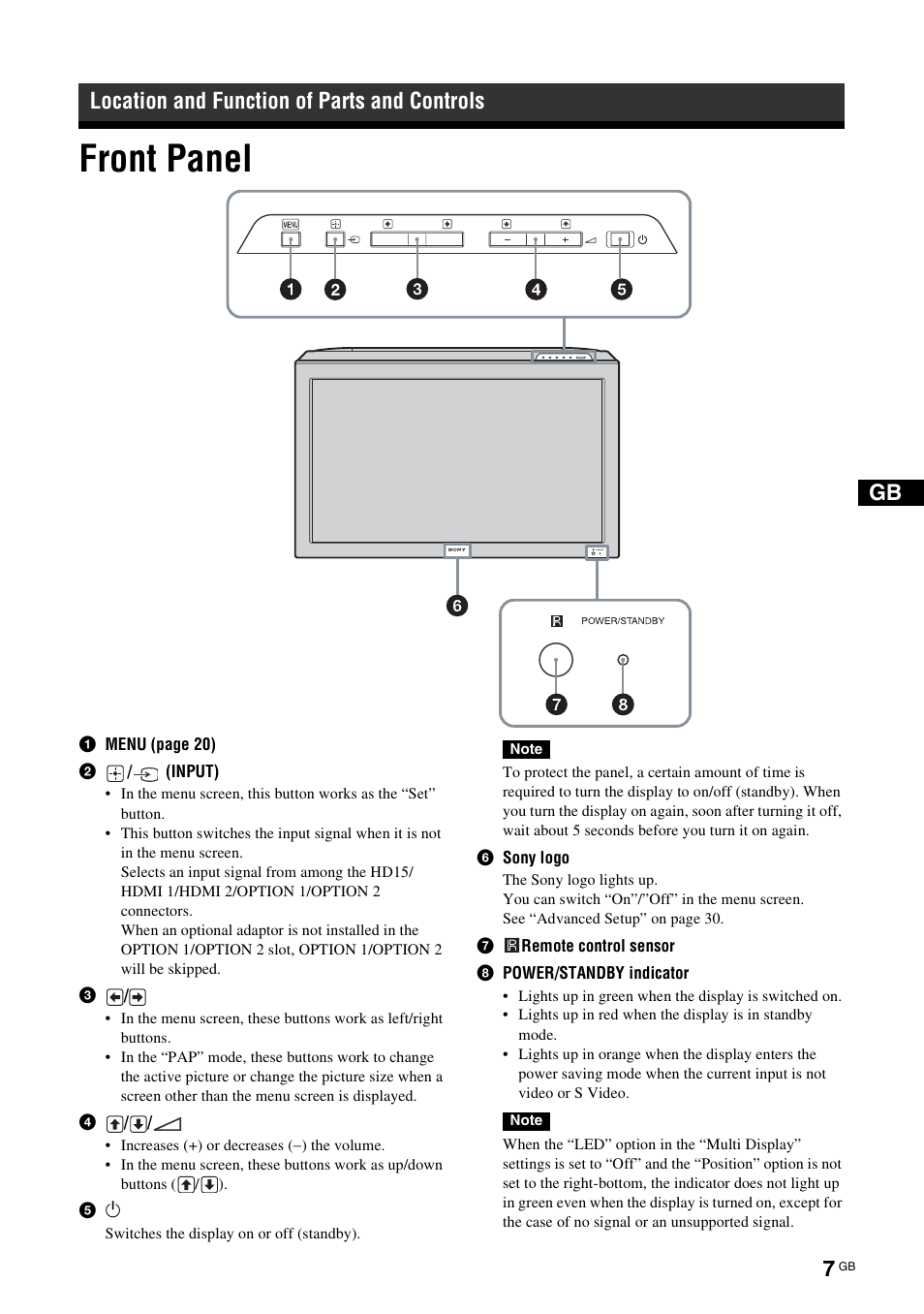 Location and function of parts and controls, Front panel | Sony FWD-32LX2F User Manual | Page 47 / 255