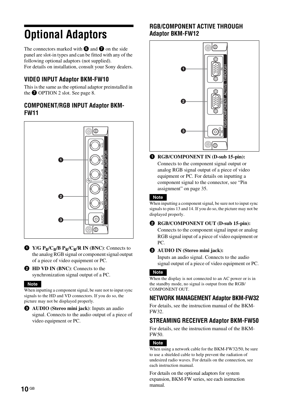 Optional adaptors, Video input adaptor bkm-fw10, Component/rgb input adaptor bkm- fw11 | Rgb/component active through adaptor bkm-fw12, Network management adaptor bkm-fw32, Streaming receiver adaptor bkm-fw50 | Sony FWD-32LX2F User Manual | Page 50 / 255