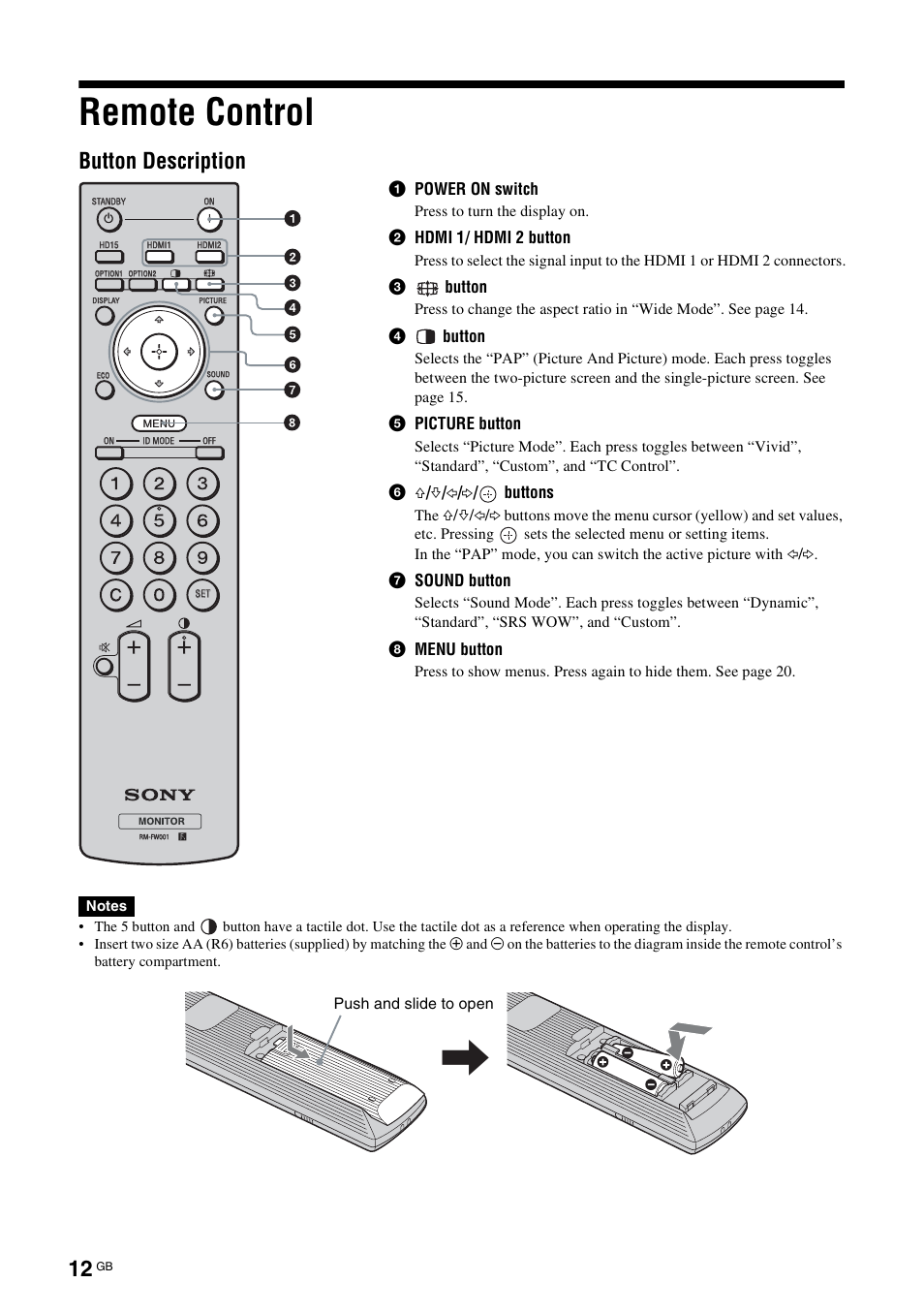 Remote control, Button description | Sony FWD-32LX2F User Manual | Page 52 / 255