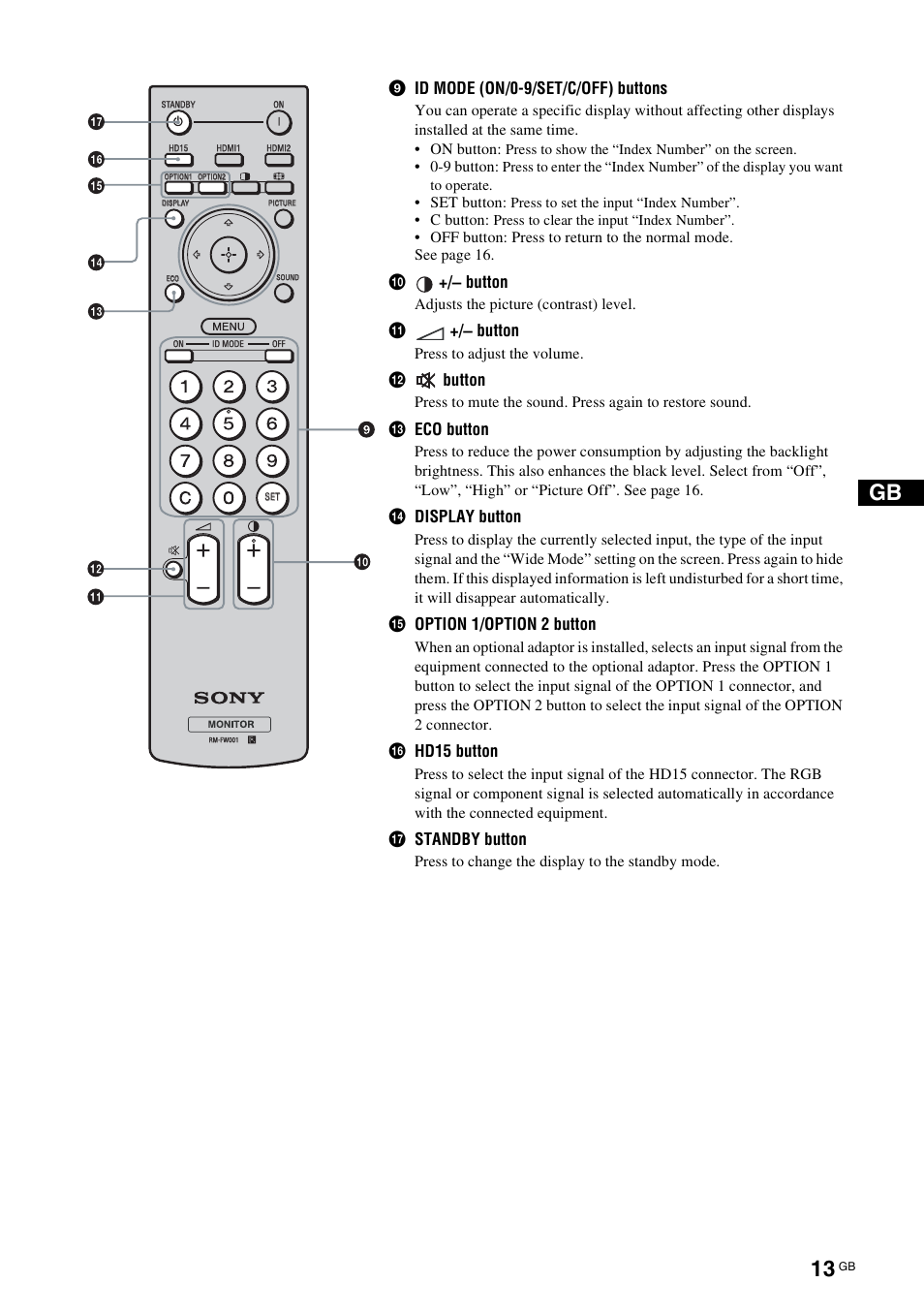 9id mode (on/0-9/set/c/off) buttons, 0+/ – button, Qa +/ – button | Qs button, Qd eco button, Qf display button, Qg option 1/option 2 button, Qh hd15 button, Qj standby button | Sony FWD-32LX2F User Manual | Page 53 / 255