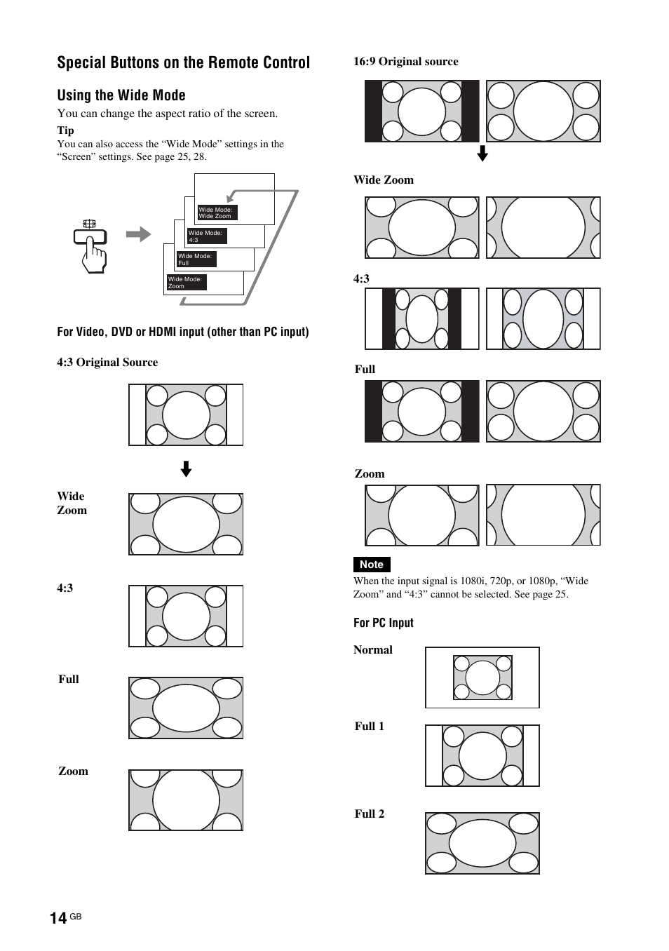 Special buttons on the remote control, Using the wide mode | Sony FWD-32LX2F User Manual | Page 54 / 255