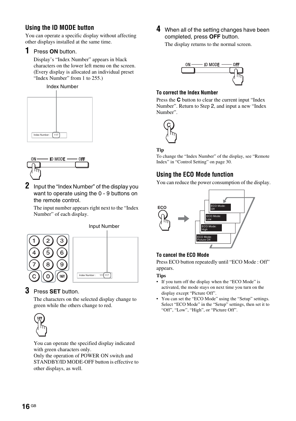 Using the id mode button, Using the eco mode function | Sony FWD-32LX2F User Manual | Page 56 / 255