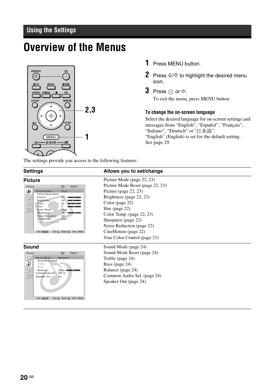 Using the settings, Overview of the menus, Press menu button | Press, Press or, Settings allows you to set/change picture, Sound | Sony FWD-32LX2F User Manual | Page 60 / 255