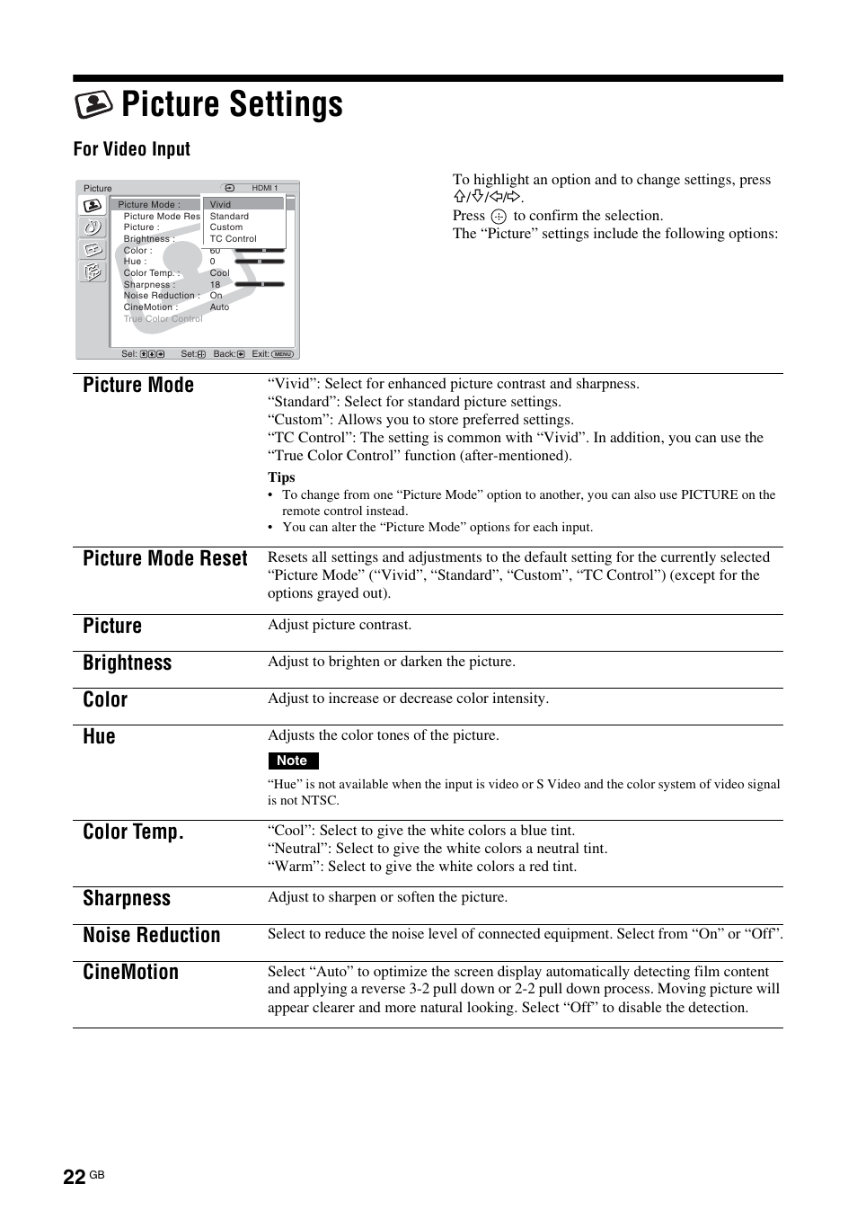 Picture settings, Picture mode, Picture mode reset | Picture, Brightness, Color, Color temp, Sharpness, Noise reduction, Cinemotion | Sony FWD-32LX2F User Manual | Page 62 / 255