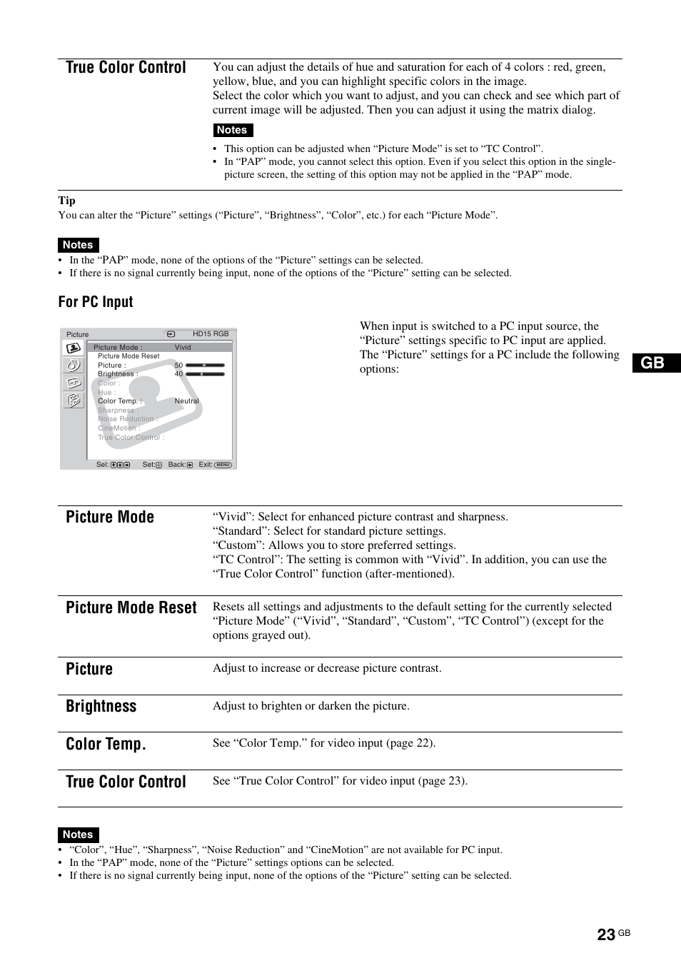 True color control, Picture mode, Picture mode reset | Picture, Brightness, Color temp, For pc input | Sony FWD-32LX2F User Manual | Page 63 / 255