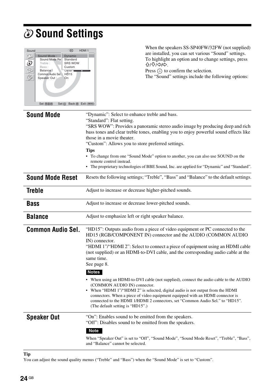 Sound settings, Sound mode, Sound mode reset | Treble, Bass, Balance, Common audio sel, Speaker out | Sony FWD-32LX2F User Manual | Page 64 / 255