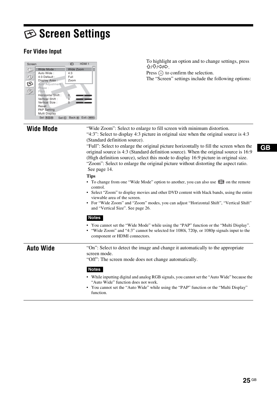 Screen settings, Wide mode, Auto wide | For video input | Sony FWD-32LX2F User Manual | Page 65 / 255