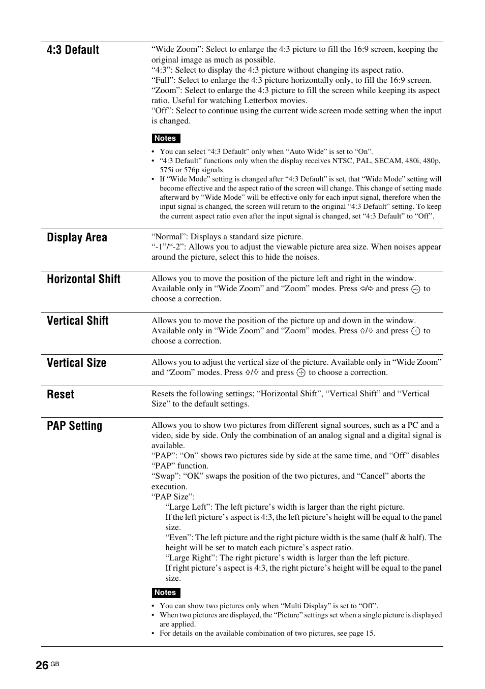 3 default, Display area, Horizontal shift | Vertical shift, Vertical size, Reset, Pap setting | Sony FWD-32LX2F User Manual | Page 66 / 255