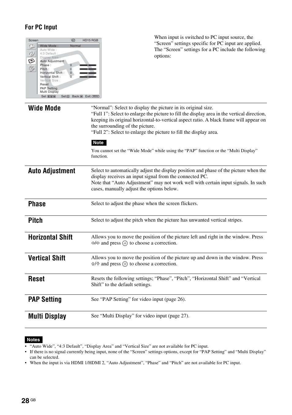 Wide mode, Auto adjustment, Phase | Pitch, Horizontal shift, Vertical shift, Reset, Pap setting, Multi display, For pc input | Sony FWD-32LX2F User Manual | Page 68 / 255